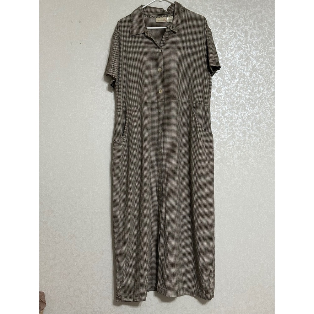 Susan Bristol Gingham Maxi Shirt Dress Linen Rayon Blend Cottage Modest VTG XL